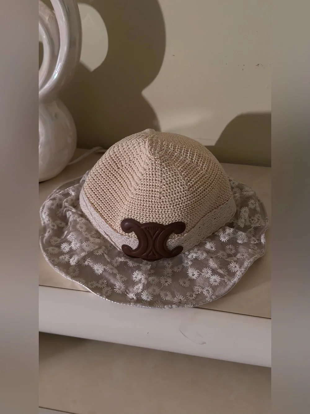 Beige Floral Lace Sun Hat with Brown Accent